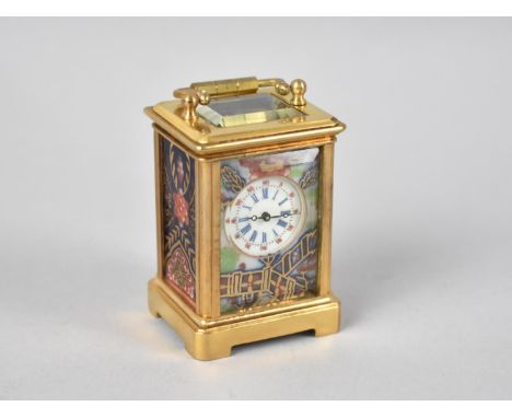 A Miniature Brass Cased Carriage Clock with Imari Patterned Porcelain Panels, Working Order, 7.5cms Tall 