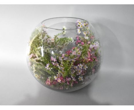 A Modern Glass Globe Planter Containing Artificial Flowers, 30cms Diameter 