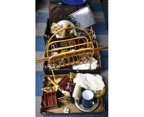 Three Boxes of Various Sundies to Comprise Wrought Framed Mirror, Bamboo Magazine Rack, Walking Sticks, Table Lamps, Enamelle