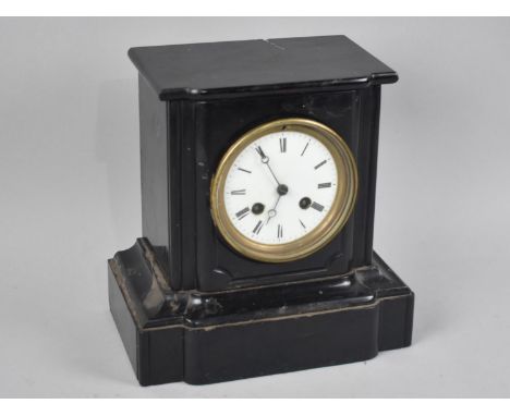 A Late Victorian/Edwardian Black Slate Mantel Clock with Eight Day Movement, Crack to Top, 22cms Wide 