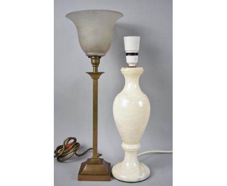 A Modern Brass Uplighting Table Lamp together with an Onyx Example, Tallest 43cms 