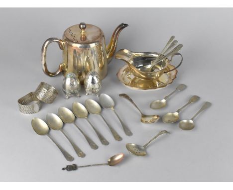 A Collection of Various Silver Plate to Comprise Teaspoons to Include Horseshoe Finial Examples, Tea Pot, Cruets etc 