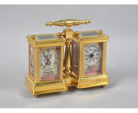A Reproduction Brass Framed French Style Desktop Weather Station with Clock and Thermometer, Enamelled Porcelain Panel, Clock