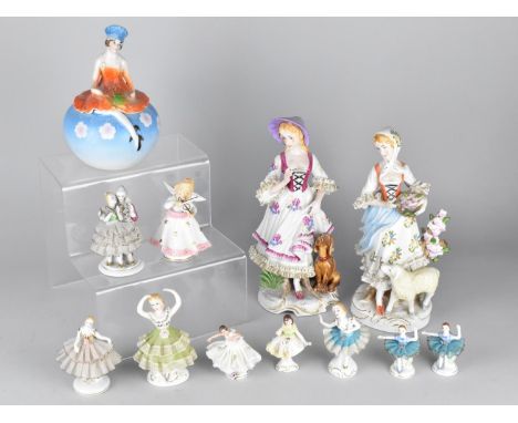 A Collection of Various Continental Porcelain Figures together with a Ceramic Dressing Table Powder Pot Modelled in the Form 