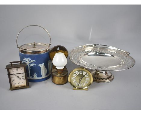 A Tray of Sundries to include Jasperware Biscuit Barrel (Base with Loss), Wall Hanging Oil Lamp, Swiza Alarm Clock, Silver Pl