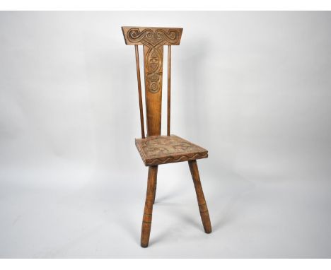 A Mid 20th Century Ben Setter of Totnes Three Legged Spinning Chair with Celtic Design, Stamped Verso 