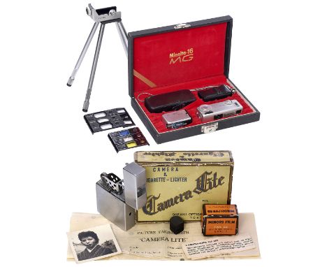 Camera-Lite, 19541) Suzuki, Japan. Camera-Lite, 6 x 6 mm auf 8mm-Film, Meniscus 8/17 mm, Verschluß 1/50 Sek., mit beiden inne