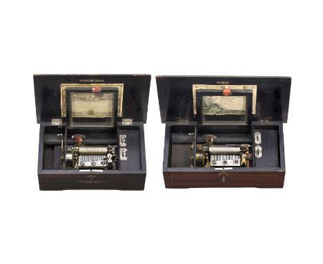 2 Walzenspieldosen von L'Epée, um 1895Jerome Thibouville Lamy &amp; Cie, Schweiz. 1) 4 Melodien, 45 Töne im Stahlkamm (komple