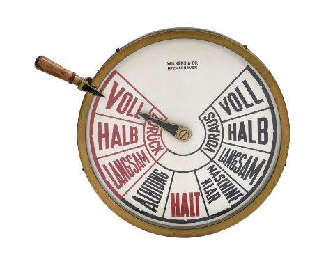 Großer Maschinentelegraph "Wilkens &amp; Co.", um 1925Bremerhaven. Messing und Gußmetall, Rückseite mit großer Glocke, Ø 54 c