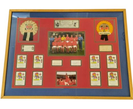 England 1966 World Cup winners mounted and framed presentation. Includes signatures of all 11 players and Alf Ramsey. Also in
