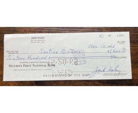 Wizard of Oz Tin Man Jack Haley signed 1965 Bank Cheque for $1600 to Santina Brothers. John Joseph Haley Jr. (August 10, 1898