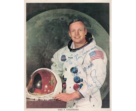 Apollo 11 Astronaut Neil Armstrong signed 10 x 8 inch colour WSS photo, White space suit image dedicated to Bill Godward. 1st