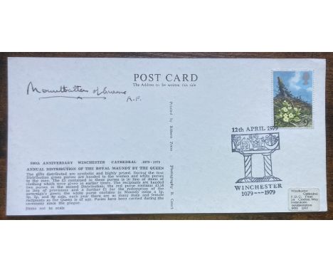 Admiral Mountbatten of Burma signed rare 1979, Maundy Money Winchester postmarked postcard. 25 June 1900 - 27 August 1979), c