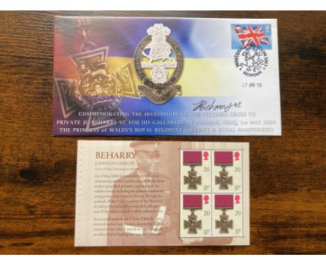 Victoria Cross winner Johnson Beharry VC signed 2005 FDC dedicated to him along with the miniature 4 x 20p VC mint stamp shee