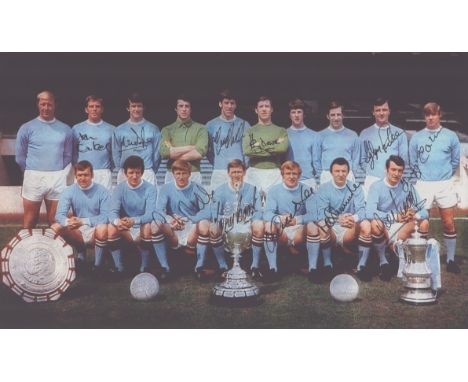 Autographed MANCHESTER CITY 1969 16 x 12 Photo : Col, depicting Manchester City players posing with the Charity Shield, the F