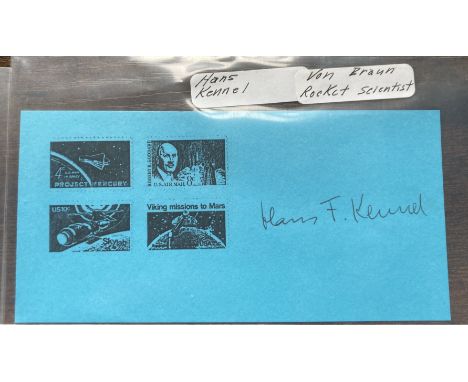 WW2 Von Braun Rocket Scientist Hans Kennel signed page Op Paperclip NASA. Approx 5 x 3 inch piece with Space images hand sign