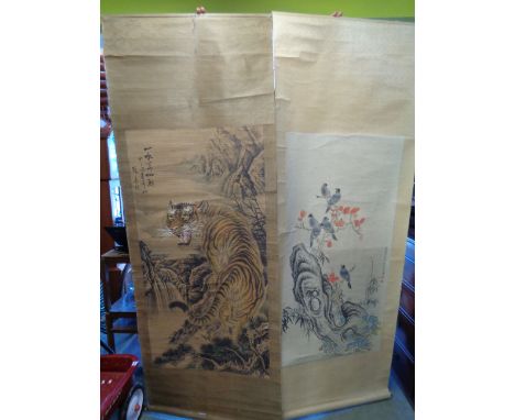 2 Large Chinese scroll watercolour of a Tiger and Bull Finches among foliage, Condition - Good Overall