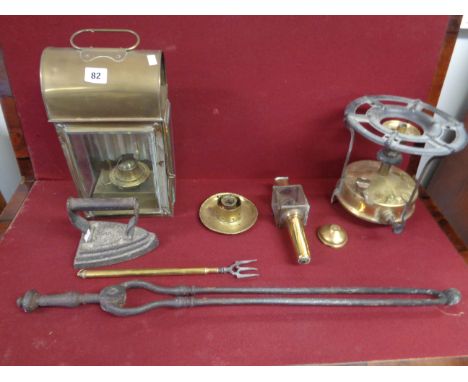 Collection of Brass Items to include Domed top Lamp, Parasene Burner, extending toasting fork and other items, Condition - So