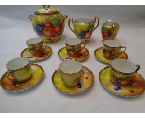 Decorative Fruit China Gilded Part Coffee Set comprising of Biscuit Barrel, Cream Jug Sucrier and a setting for 6 Signed K As