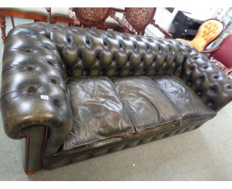 Green Leather Button back Chesterfield Sofa of 3 seats, Condition - Wear and fading to colour