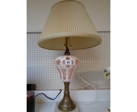Bohemian Overlay Pink Glass converted Oil Lamp base with white overlay and applied floral decoration