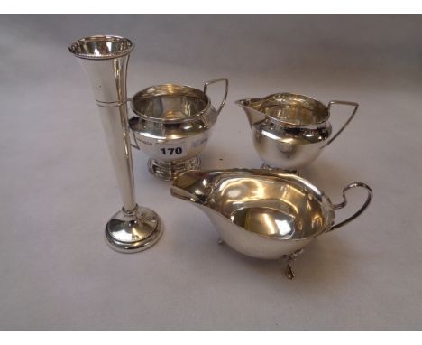 Mid Century Silver Sucrier and Cream Jug London 1946 300g total weight, Silver Sauce Boat on pad feet Birmingham 1925 96g tot