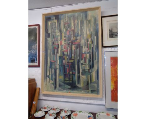 Maurice Campbell Taylor Large Oil on panel of abstract High Rise buildings, 81 x 115cm, Condition - Some paint loss to base