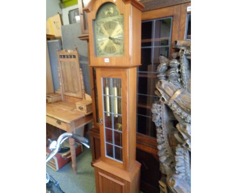 Tempus Fugit Brass Faced Longcase clock with leaded glass door and brass weights, Condition - Good Overall 