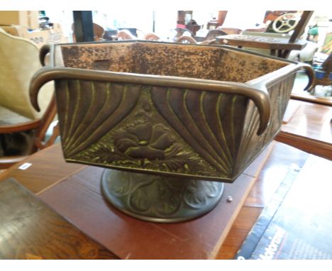 Large Arts & Crafts Octagonal Copper Planter with fluted and Foliate embossed design on stepped base with wooden lined interi