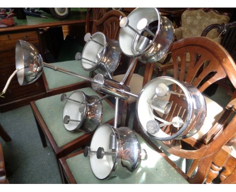 French Bauhaus Style Chrome ceiling light fitting with white enamel interior, Width 65cm, Condition some pitting to Chrome