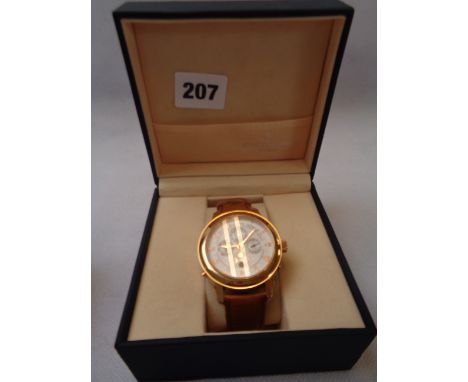 Copy Patek Philippe of Genève Gilt wristwatch on tan leather strap boxed 