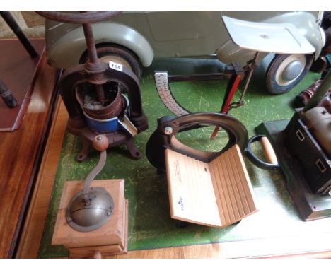 Vintage Cast Iron Cheese press, coffee grinder, RadVad Bread cutter and a postage sale of 2kg with enamel dial