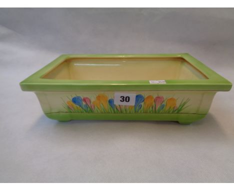 Clarice Cliff Spring Crocus Pattern Flower planter on stepped feet, Length 28.5cm, Condition - Crack to one side 