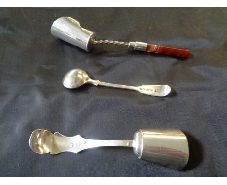19thC Dutch Silver Caddy Scoop, Continental Silver Caddy Scoop with Polished agate banded handle and a Silver-plated Salt Spo