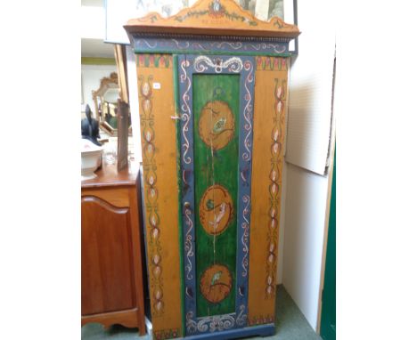 Edwardian Pine Folk art painted Wardrobe with panel door dated 1986, Condition - Crack to door