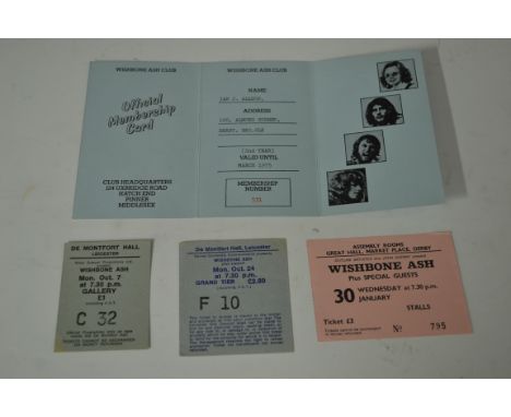 Wishbone Ash - fold out fan club membership card 1975; three ticket stubs for De Montfort Hall Leicester, October 7th 1974, D