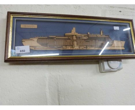 Wooden open plan relief model of the QEII, framed