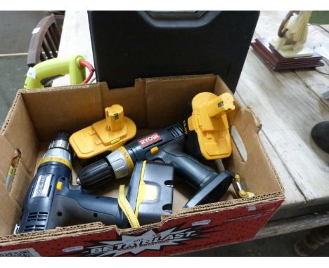 Quantity of power tools to include a Black &amp; Decker drill cased, a Ryobi cordless drill and another similar