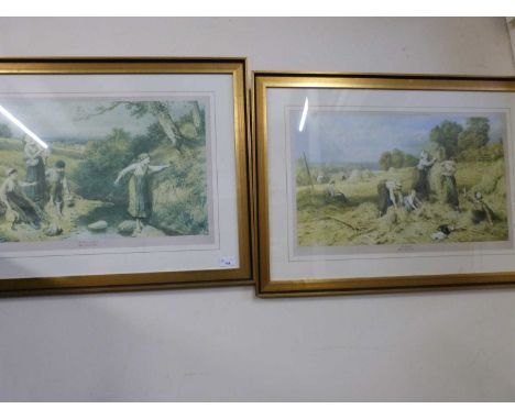 The Hayfield by Myles Birkett-Foster, reproduction print, together with another similar, The Primrose Gatherers, both framed 