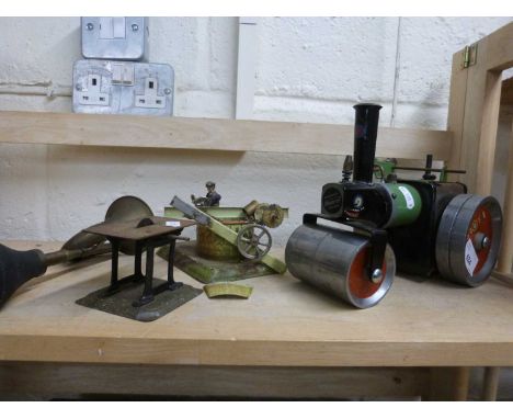 A tin plate steam engine, vintage horn and other items
