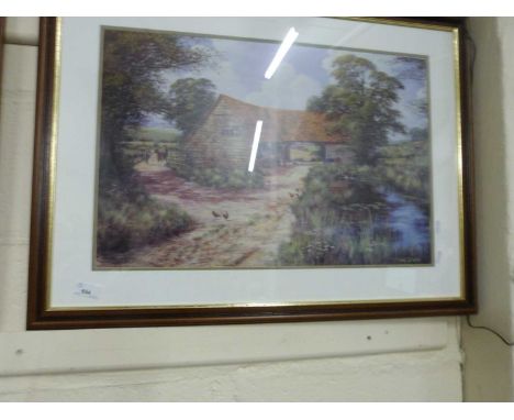 Barn by a stream by Ron Beaton, reproduction print, framed and glazed