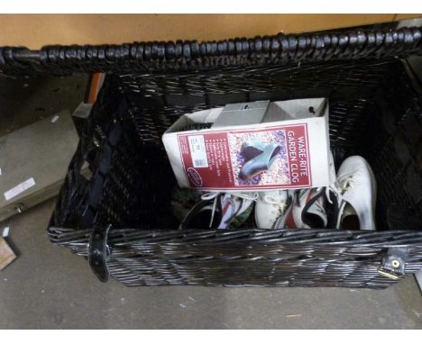Picnic hamper and a quantity of trainers and other footwear