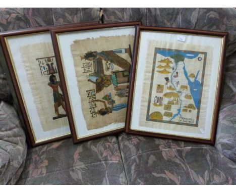 Three Egyptian parchment pictures together with a reproduction Bottecelli print