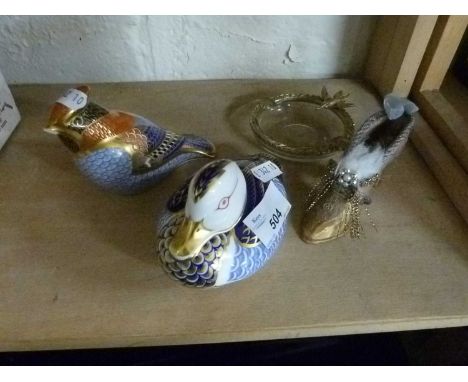 Two Royal Crown Derby figures together with a gilt ashtray and a novelty model of a shoe