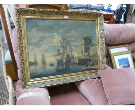 Ships at harbour, reproduction old master print in gilt frame