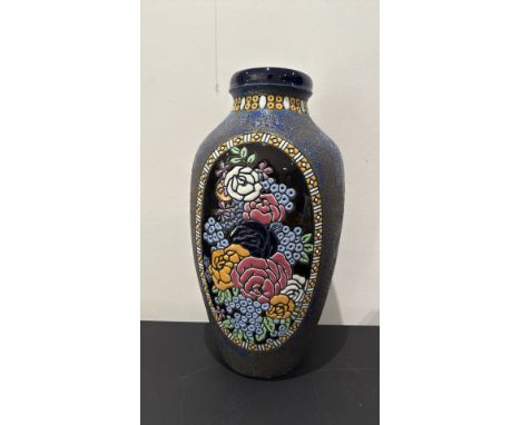 Turn-Teplitz Amphora earthenware baluster vase, textured mottled blue/brown glaze, cobalt rim and applied bead border, front 