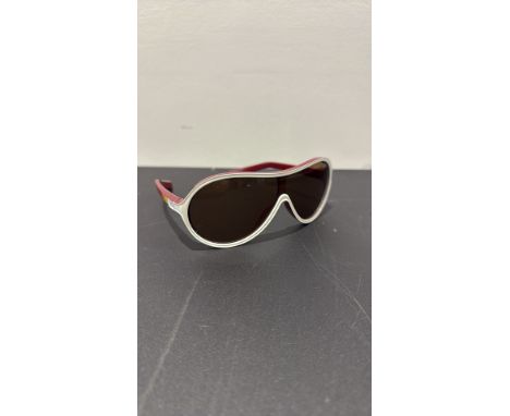 Nike “Vintage 75” EV0600 wrap-around sunglasses, red and white plastic frame with tinted brown polycarbonate lenses, coloured