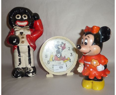Golly money box, Minnie Mouse money box and a Bayard Mickey Mouse alarm clock