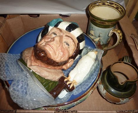 Royal Doulton 'The Falconer' toby jug, Royal Doulton stoneware jug with sprigged decoration and a Royal Doulton mug with seas