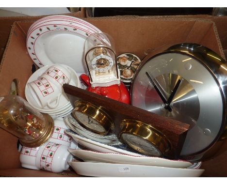 Pyrex cups and saucers, meat plates, twin barometer, torsion clocks etc